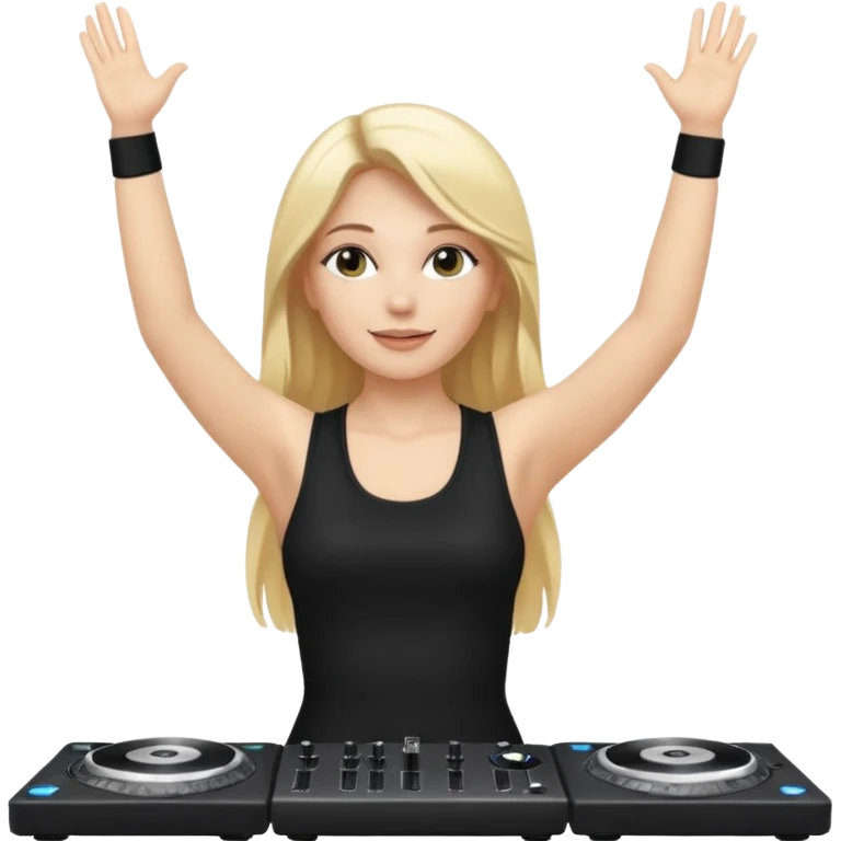 I want a white female dj animated gif emoji with long straight centre parting blonde hair putting hands up in the air. Wearing a black tight top with no sleeve emoji
