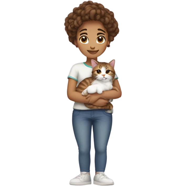 Girl with curly brown hair in bun cuddling a tabby cat with white paws and chest  emoji