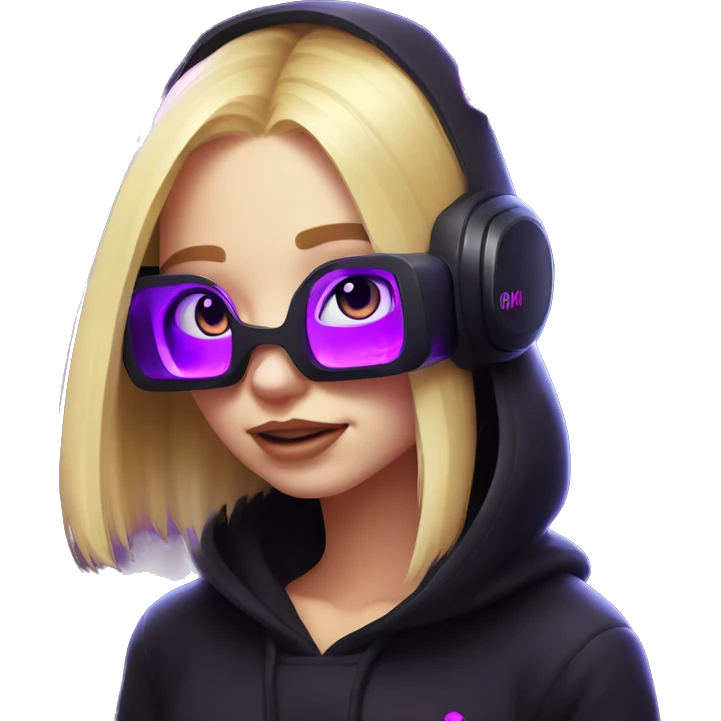 Russian cute blond girl wearing black hoody with violet letters "OMG", in vr headset. Cyberpunk style. Violet neon. emoji