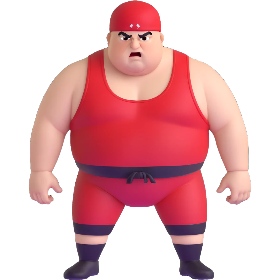 Close-up of white skin fat guy no muscle with prominent black durag, completely shaved face, no beard or mustache, black eyes in a red and black wrestling singlet with angry face emoji