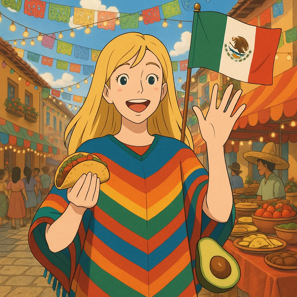 ghibli style cartoon of a tall blonde woman in a colorful poncho, smiling, holding a taco and avocado, waving a Mexico flag, festive street party background with food and decorations emoji