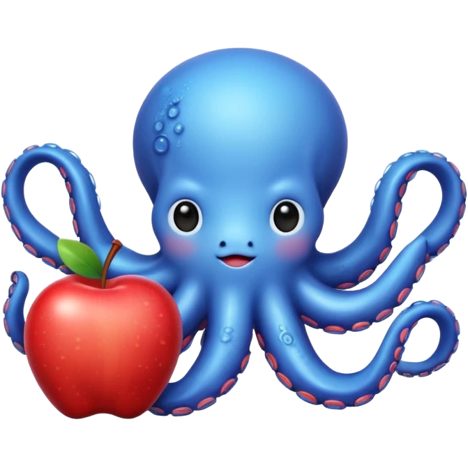 blue kawaii octopus holding an apple emoji