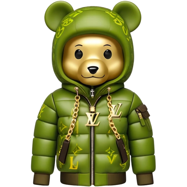 traditional cube-shaped bearbrick toy with squared head, lime balaclava with graffiti logos and integrated dark visor shield, Louis Vuitton monogram puffer jacket with plush fur hood trim, gold chains emoji