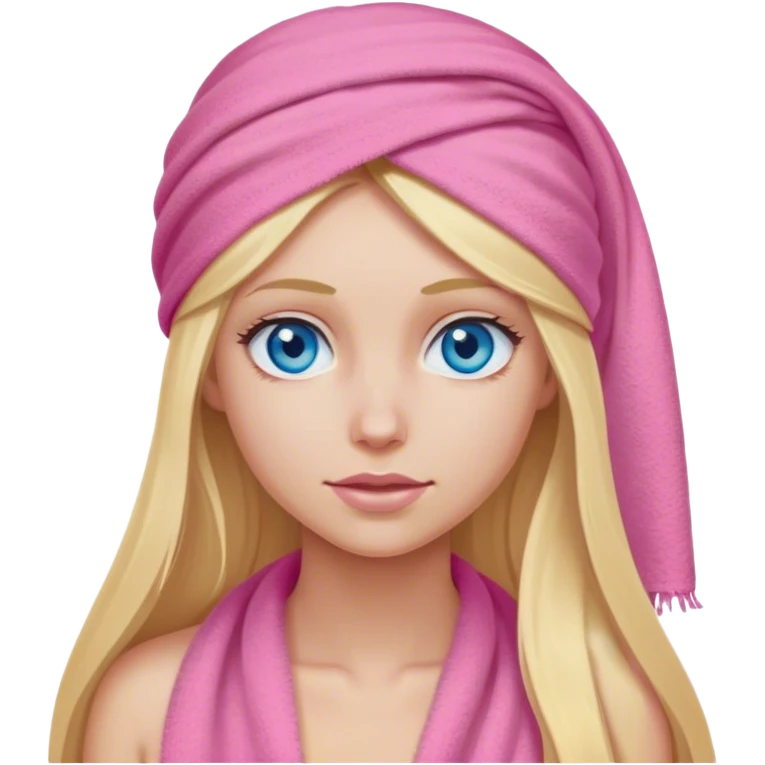 Cinematic realistic blonde with long hair and blue eyes, with a pink towel on her head emoji