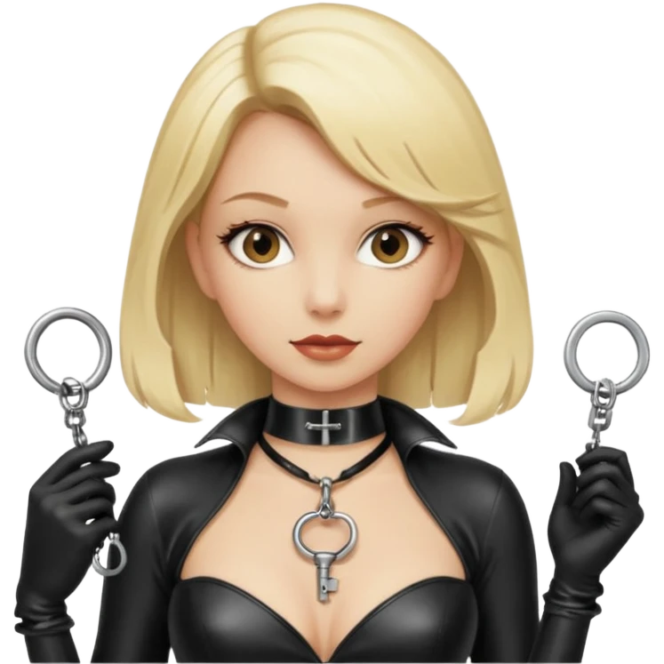 Dominatrix with blonde hair, latex outfit, old fashioned key necklace, and a whip emoji