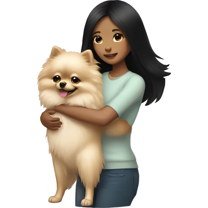 Girl (with black hair) hugging light cream pomeranian emoji