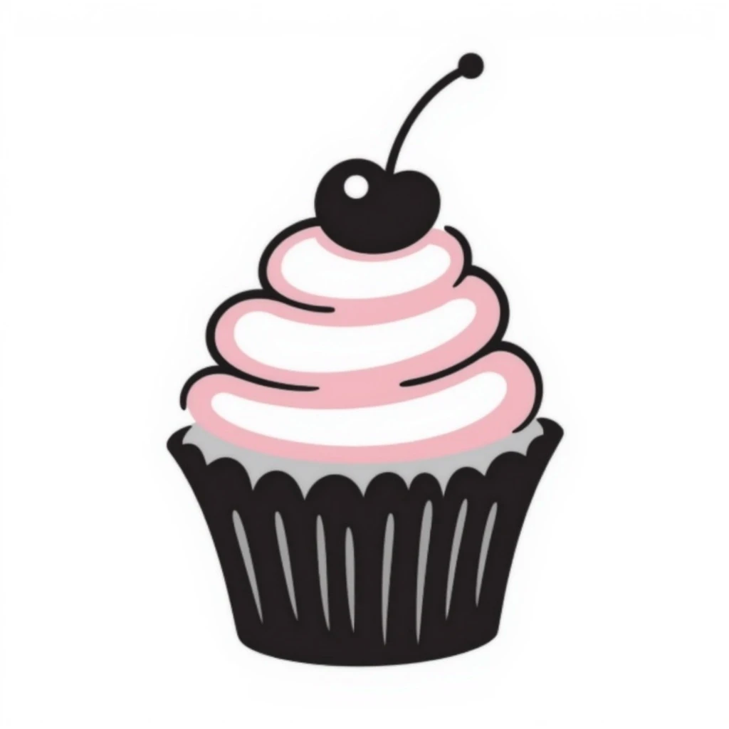 A cupcake with pink icing, black doodle style emoji