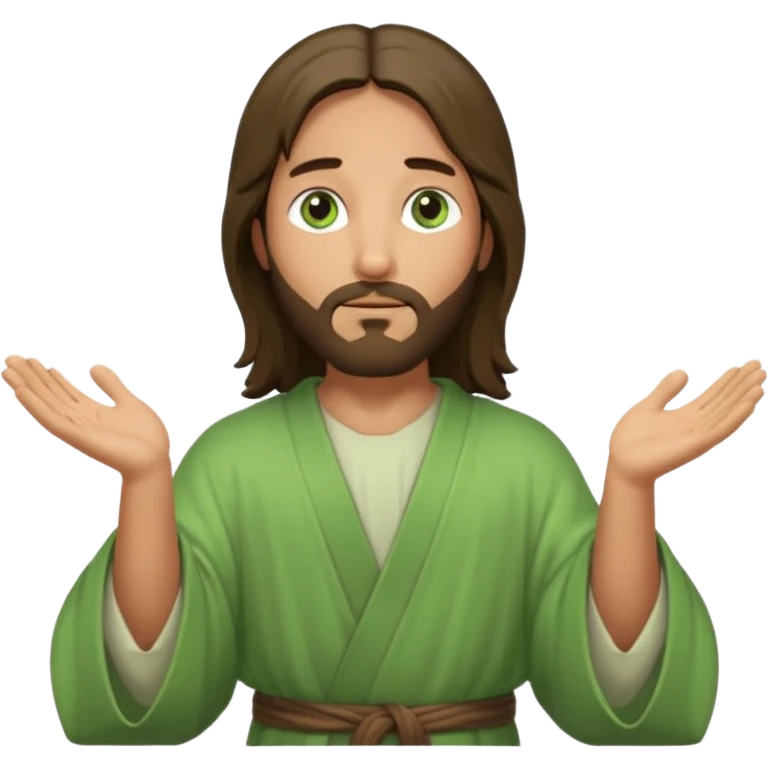 Jesus, green eyes, light green robe. opening arms, gazing thoughtfully. Soft light, subtle fern. Waist-up, profile. emoji