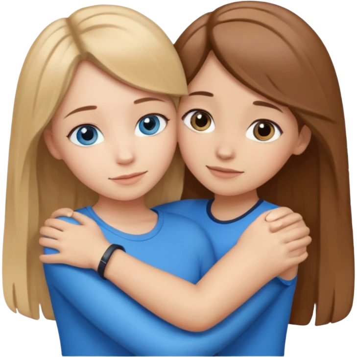 two Girls, Brown and Blonde hair, with Blue Eyes hugging one has Brown hair cute Hug another Version  emoji