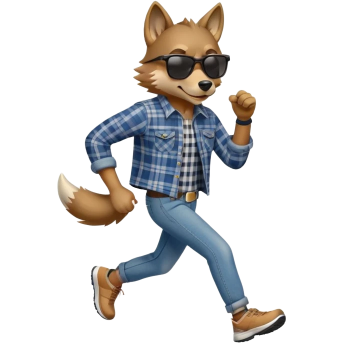 friendly anthropomorphised wolf in jeans and plaid shirt, wearing dark sunglasses, jogging upright in relaxed pose emoji