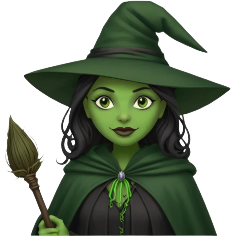 elphaba wicked witch with broom close up, evil dark coily long dark hair, green skin, thick green lips, cheekbones, smirk evil menacing cythia erivo dark aesthetic black hat cloak black broom emoji
