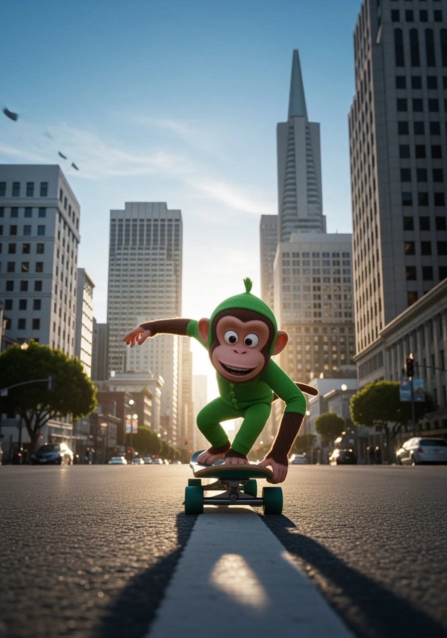 Disney style Cinematic still scane, Low angle shot, monkey dress in green outfit, monkey ride on skateboard, san francisno downtown with city lanscape, blue clean sky, captured by ARRI Alexa XT, soft cinematic lightning, back light, inspired by ToyStory 4 emoji