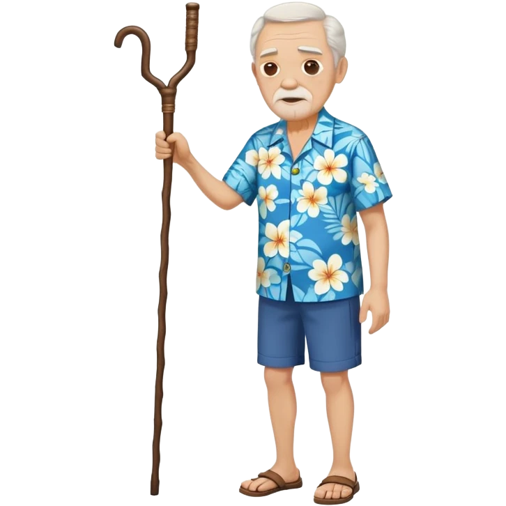 old man with hawai blue floweral shirt  full body with stick emoji