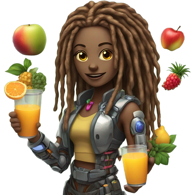 Cyborg lady with locs juice fruit emoji