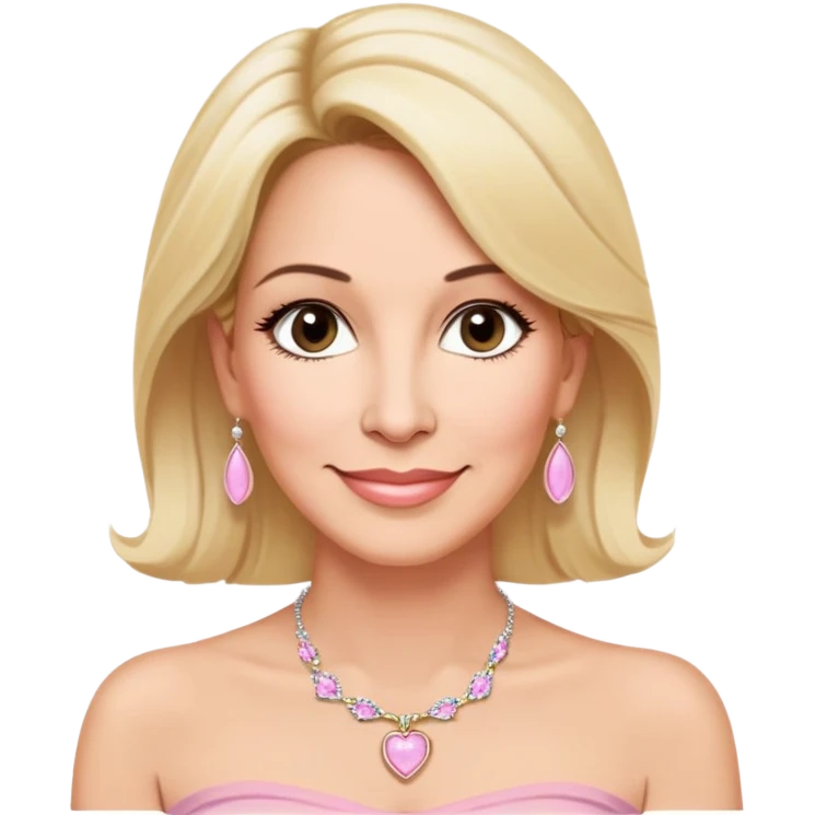 Linette Torres, 50-something Puerto Rican actress with fair complexion, kind-hearted expression, bright caring eyes, soft smile, blonde hair, wearing a light pink strapless top that sits below her shoulders and a simple elegant necklace emoji