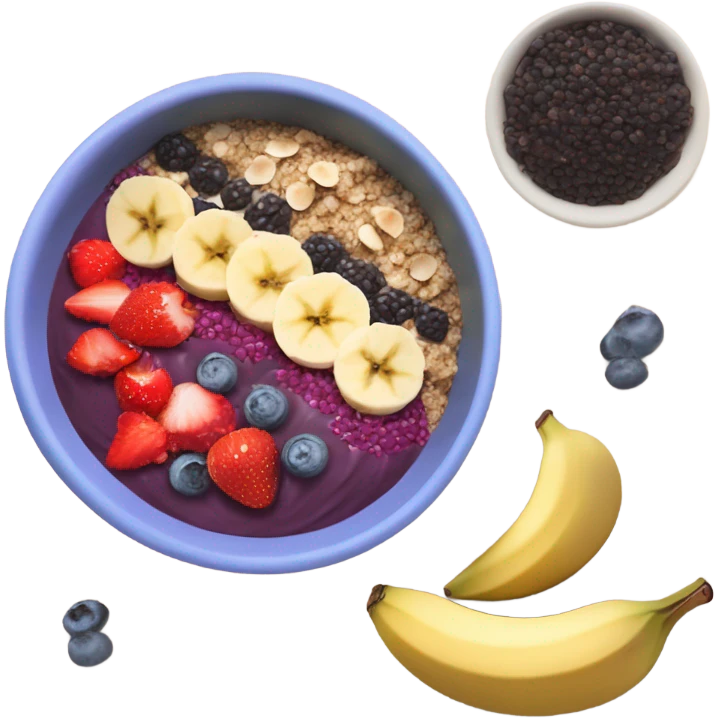 create an acai bowl with hazelnut topping and purple acai with strawberries coconut flakes and bananas emoji