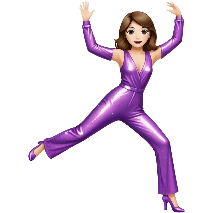 woman with white skin and brown hair disco dancing with one arm up, wearing a sparkly jumpsuit, energetic pose emoji