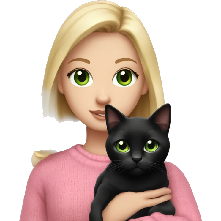Pretty green eyed white girl with blonde hair in a pink sweater holding a black cat emoji