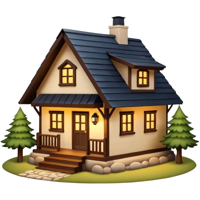 A cozy small house with warm lights coming from the windows, wooden details, surrounded by trees, peaceful atmosphere, soft lighting, charming and realistic
 emoji