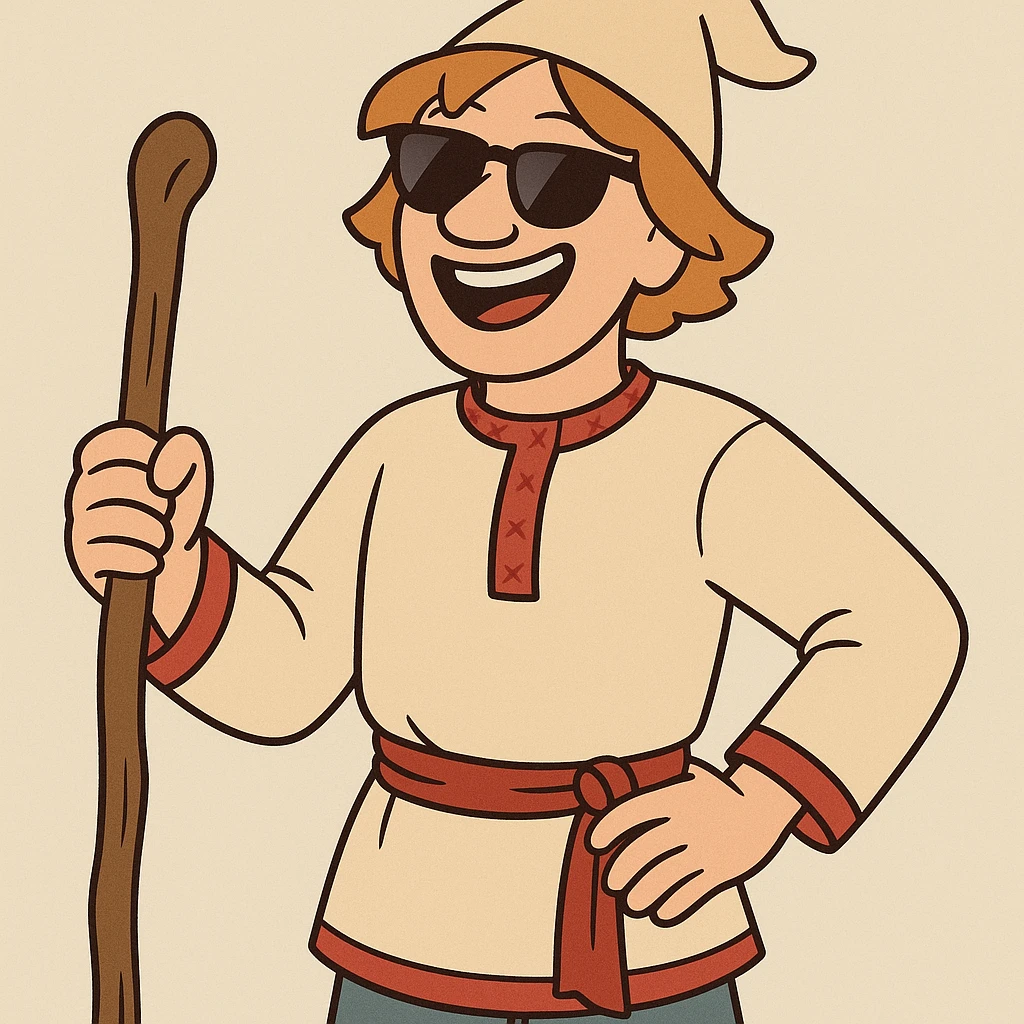 Ivan the Fool in sunglasses, smiling, holding a staff, Russian peasant attire, cartoon style emoji