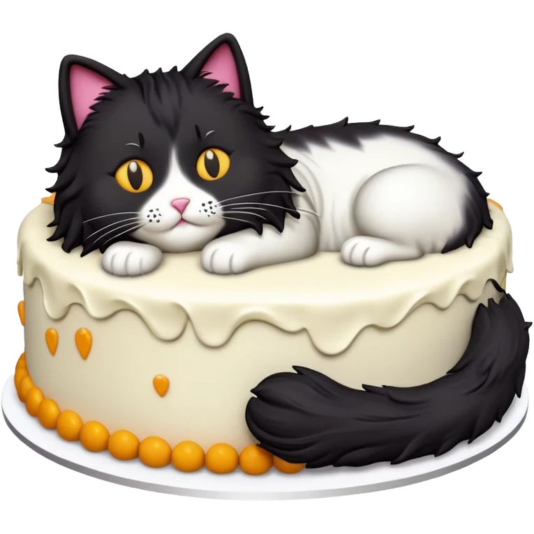 Fluffy black long haired cat cake emoji