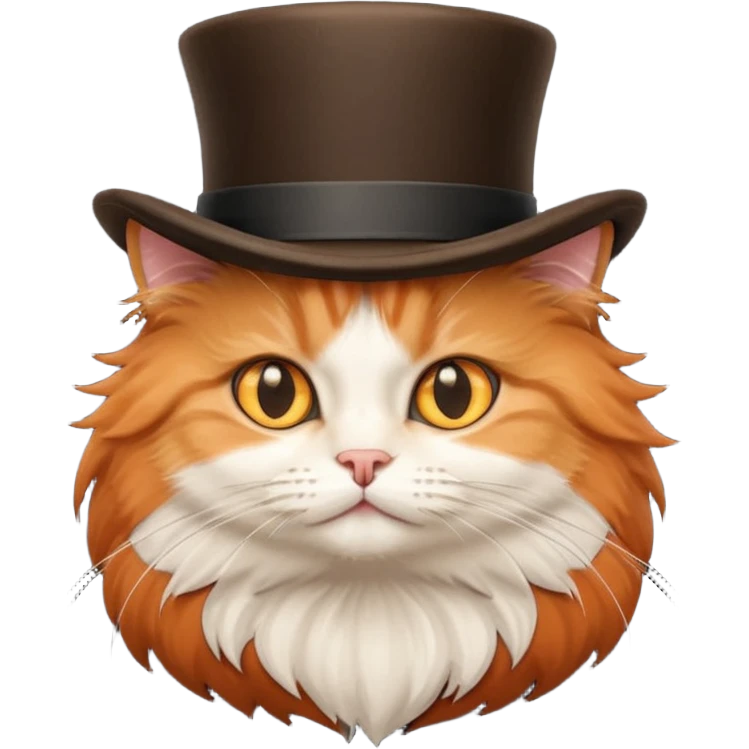 cute orange, black, and brown fluffy cat, brown tophat emoji