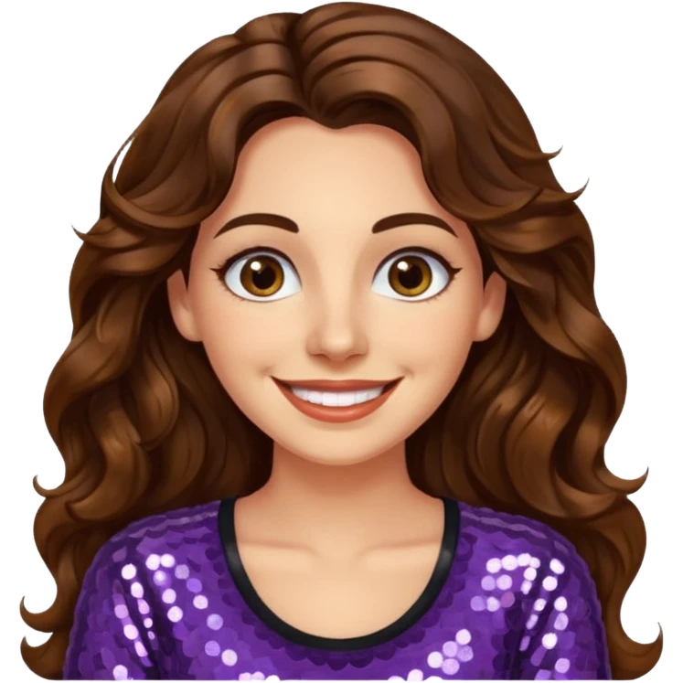 30 yr old italian woman, long brown wavy hair, big brown eyes, huge smile, sequin shirt, no bangs,  emoji