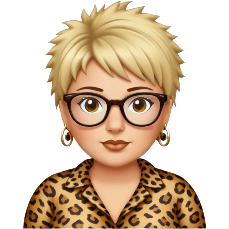  plus size white women dressed in leopard with short medium brown and blonde shaggy spiked hair wearing glasses with hazel color eyes and wide flat nose emoji