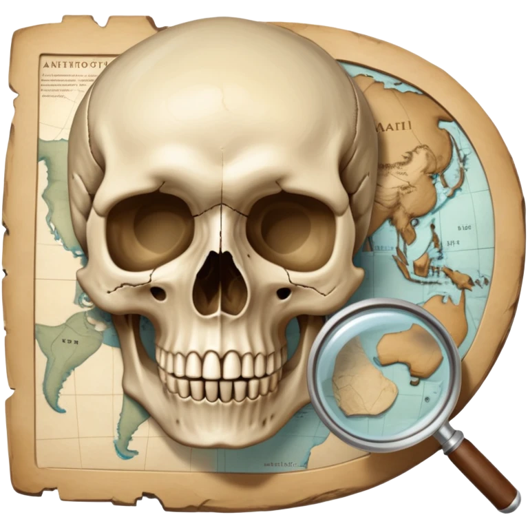 An icon featuring a human skull and fossils, representing anthropology. The design includes a magnifying glass and a map of ancient human migration paths, symbolizing the study of human evolution and cultures. Transparent background highlights the scientific exploration of humanity’s past. emoji