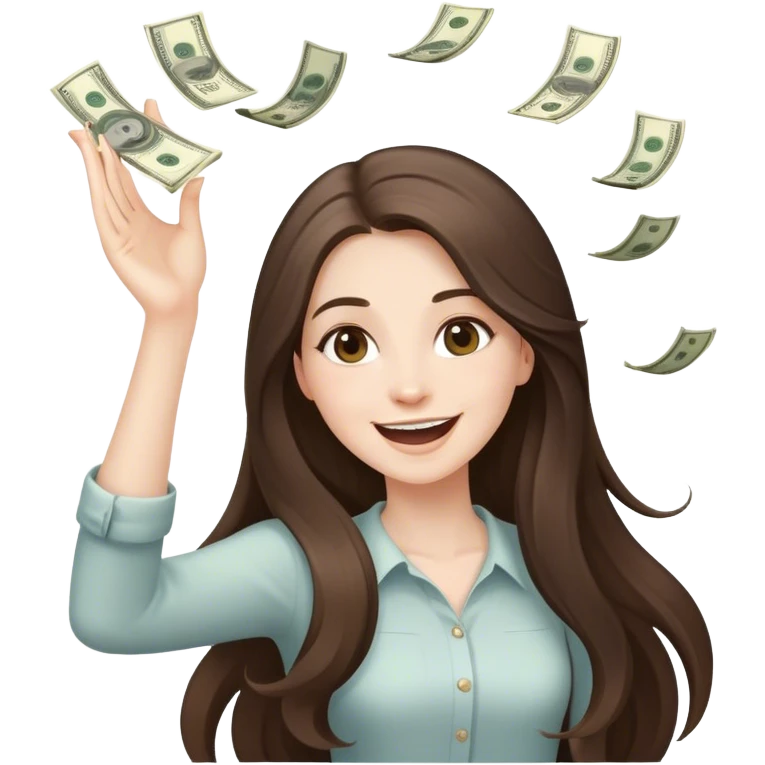 happy beautiful pale brunette girl with long hair throwing money emoji