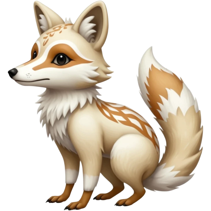 White albino fantasy-tanuki-jackal-Coyote-marsupial-fursona-hybrid animal creature full body with intricate markings  emoji