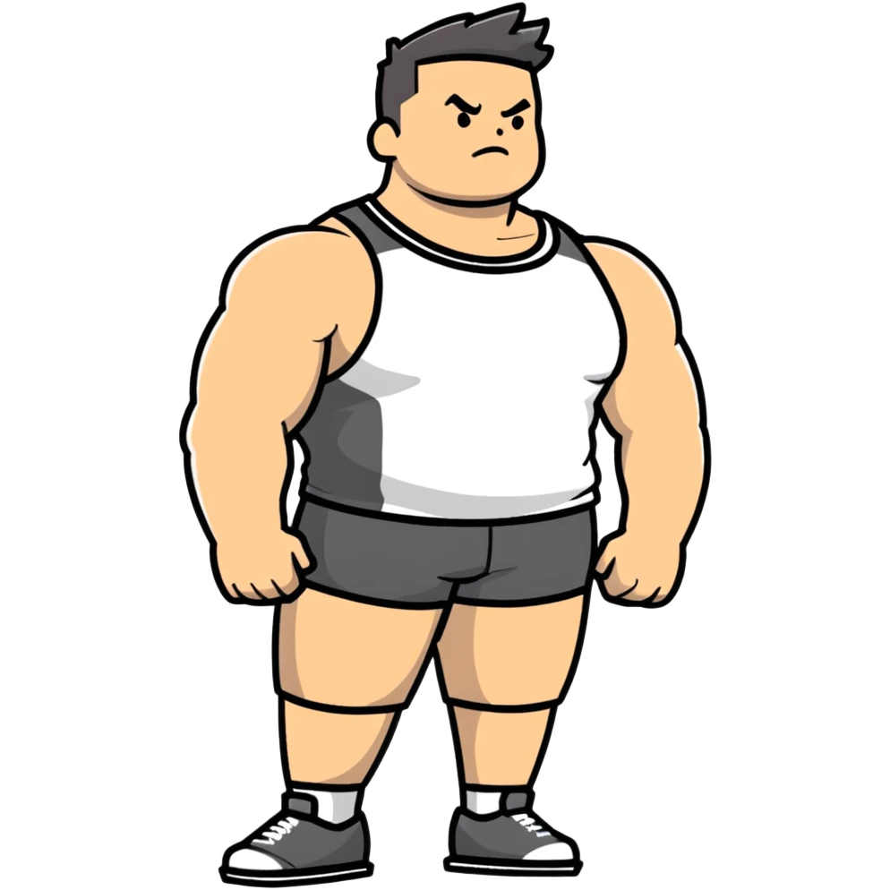 full body bulky male figure standing wearing athletic clothes, muscular build, not overweight but not skinny, tank top and shorts emoji