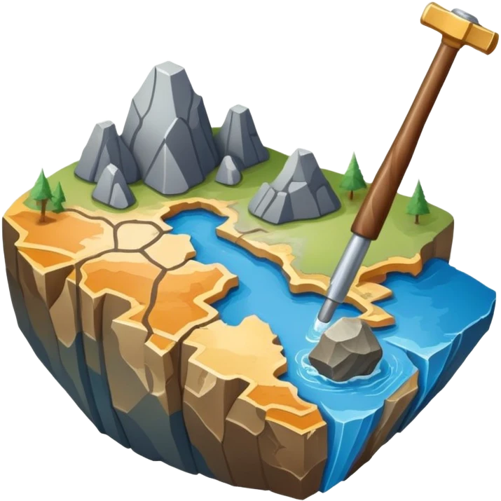 An icon featuring a rock hammer, a geological map, and layers of Earth’s crust, symbolizing geology. The design includes mineral samples, fossils, and tectonic plates, representing the study of Earth’s structure and natural processes. Transparent background highlights geological exploration emoji