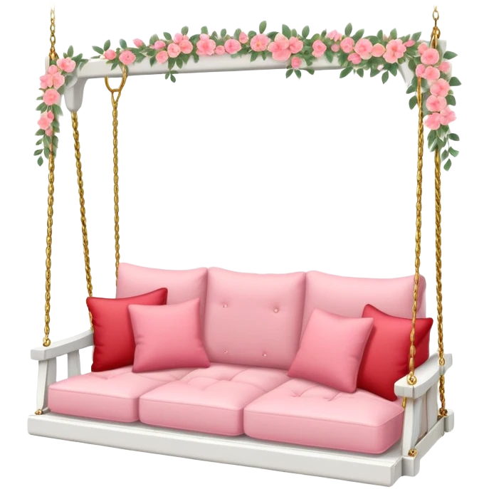 Romantic white wooden pastel-red-pink cushions couch-swing with tiny gold flowers around emoji