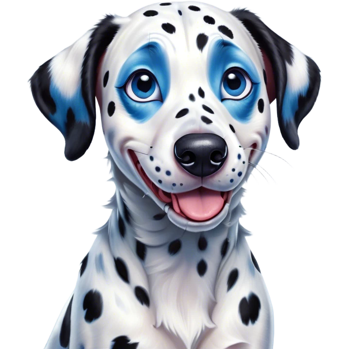 Cinematic Comical Spotted Dalmatian Portrait Emoji, Head tilted dramatically with an exaggeratedly shocked or amused expression, featuring a striking Fur of predominantly white with vivid black patches, wide, expressive blue eyes filled with playful disbelief, Simplified yet hilariously expressive features, highly detailed, glowing with a slightly sassy glow, high shine, dramatic yet playful, stylized with an air of cheeky charm, bright and endearing, soft glowing outline, capturing the essence of a spirited and over-the-top guardian, so meme-worthy it feels like it could side-eye its way into internet fame instantly! emoji
