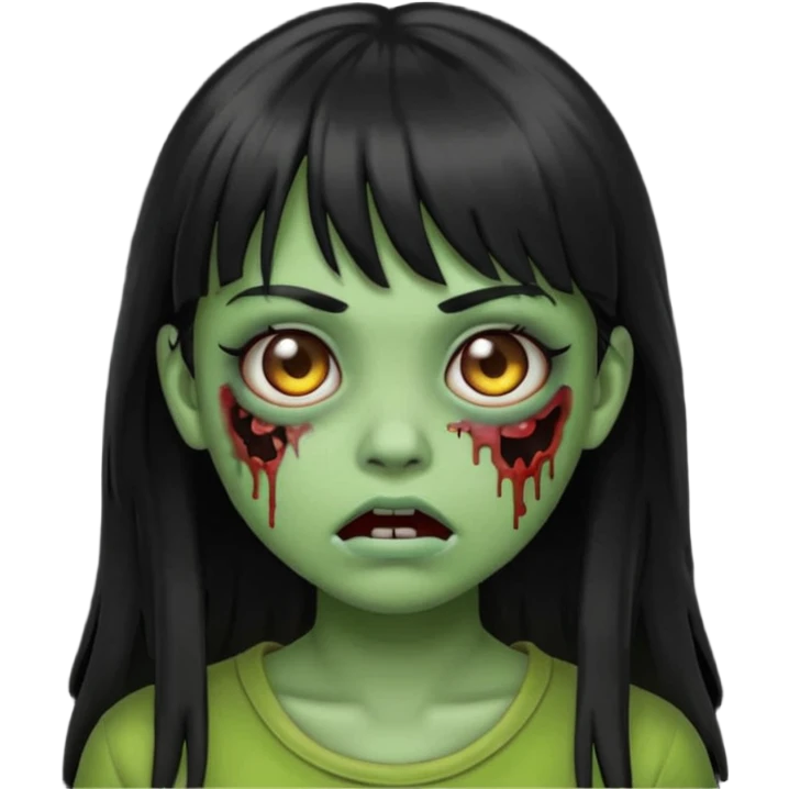 Zombie emoji girl, light green skin, black long hair with bangs emoji
