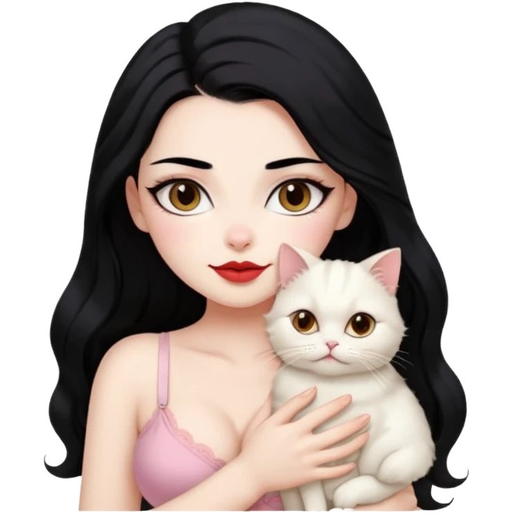 Beautiful Girl Long Hair black, Brows Big , Skin White, bra Pale Pink , Big Red Lips, EyesCoffe , Hug Little baby Persa Cream Cat With Cute Eyes emoji