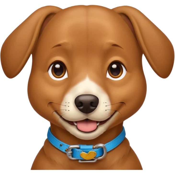 A friendly brown dog sitting upright with its tongue out and ears relaxed. The dog wears a tan harness and collar, giving a trained, service-dog look. Its expression is happy and attentive, with bright eyes and a slightly open mouth. emoji