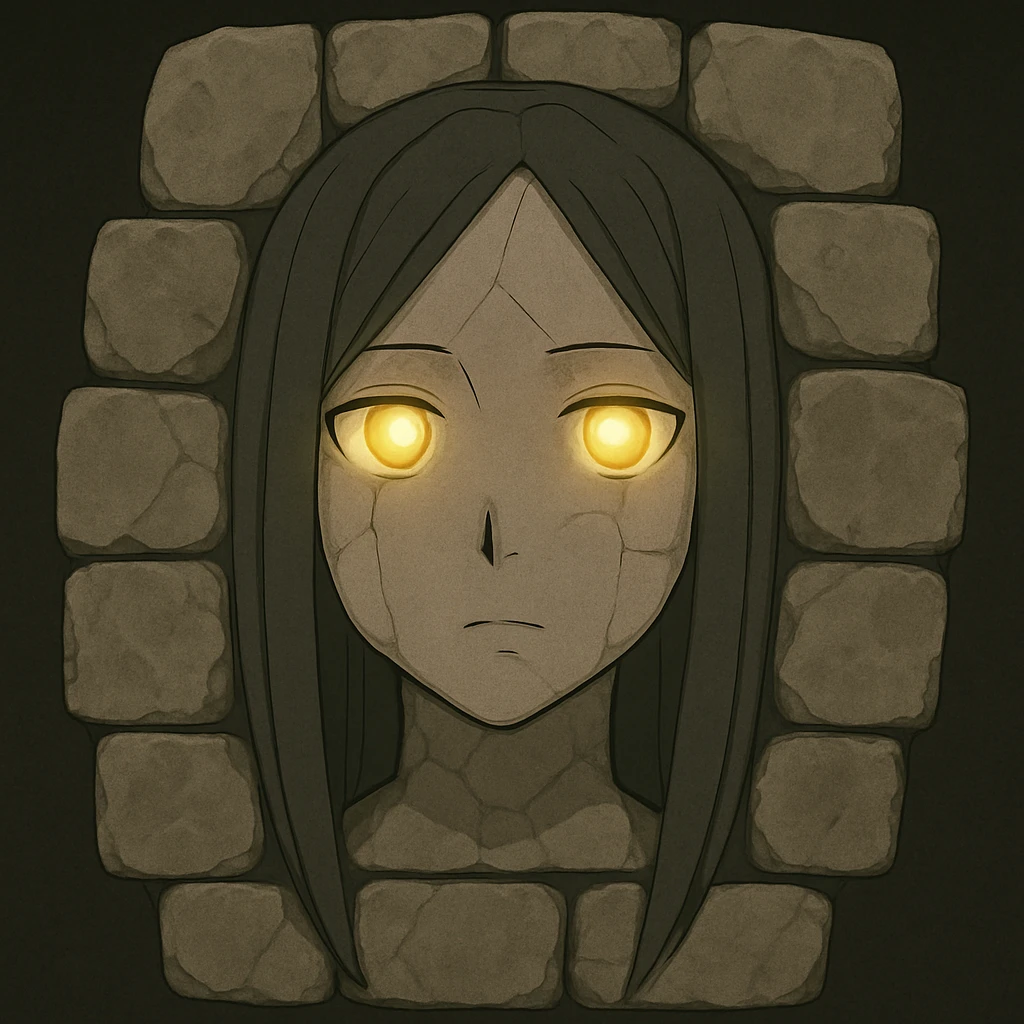 Add glowing eyes to Nigredo's face in the stone wall, subtle facial features, anime style. Keep the anime style with subtle facial features and add glowing eyes. emoji