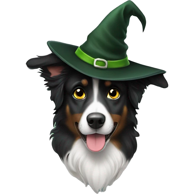 Small black australian shepherd dog green witch hat emoji