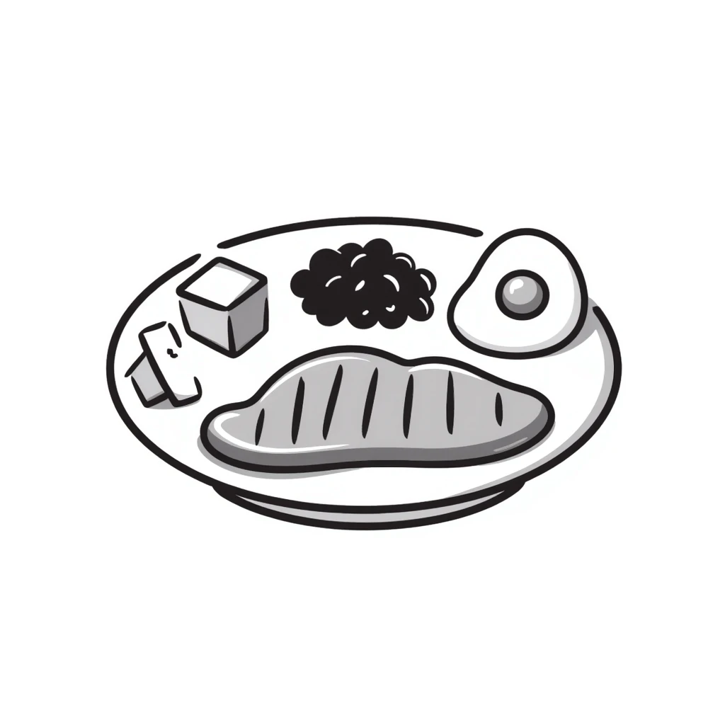 A plate with various protein foods arranged neatly: meat, egg, beans, tofu, and yogurt. emoji