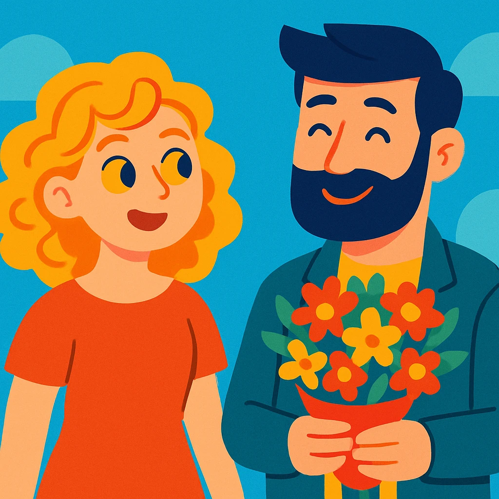 a curly haired girl with yellow eyes and hair parted from the right side, standing next to a handsome bearded man who is holding a bouquet, visually appealing, friendly, and expressive emoji