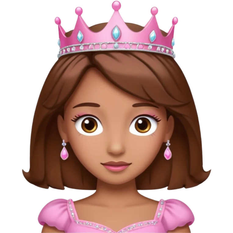 A pretty princess emoji with eye lashes, tan skin and brown hair with a pink dress and tiara  emoji