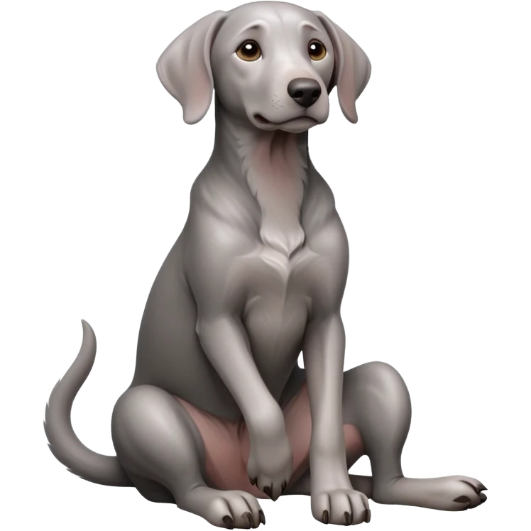 cinematic-[weimeraner-realistic-full-body-sitting-emoji,-tail-resting-loosely-beside-its-paws,-head-tilted-dramatically, -sleek-[grey]-fur,-simplified-yet-realistic-focused-features,-highly-detailed,-glowing-with-an-almost-sarcastic-glow emoji