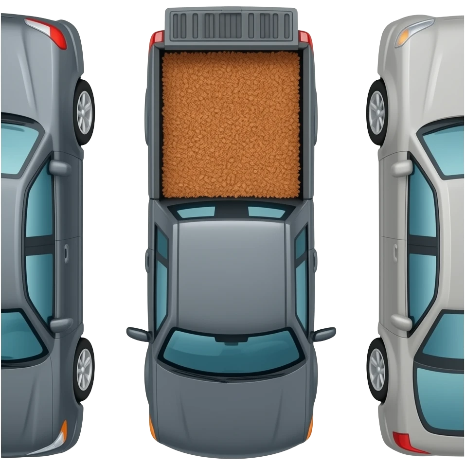 Gray F150 with full of bark chips in the back upside down in between two other cars emoji