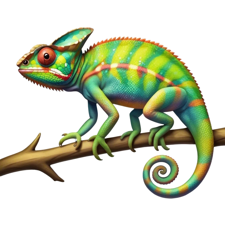 Giant Chameleon blending into natural surroundings, perched on a branch. Its vibrant colors shift with the environment. Lush greenery, branches, and soft sunlight create a peaceful, nature-filled background. Transparent background, showcasing the chameleon's colorful, textured skin. emoji