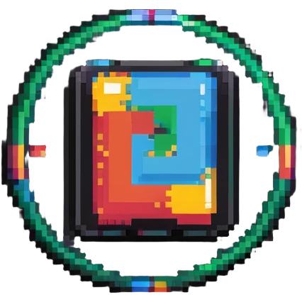 Simple colorful pixel art IT badge with basic computer icon, vibrant colors emoji