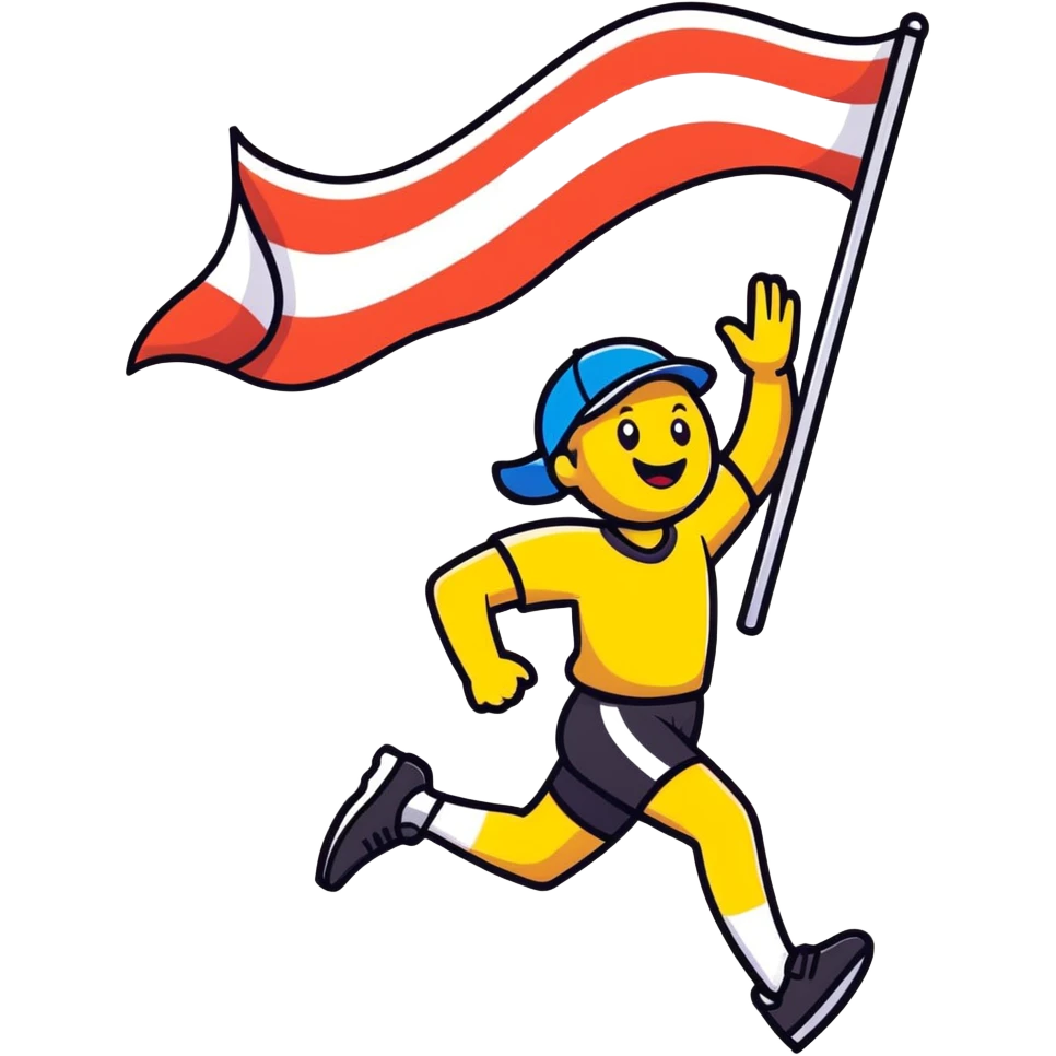 happy runner waving a flag that says 'emojiland’ emoji
