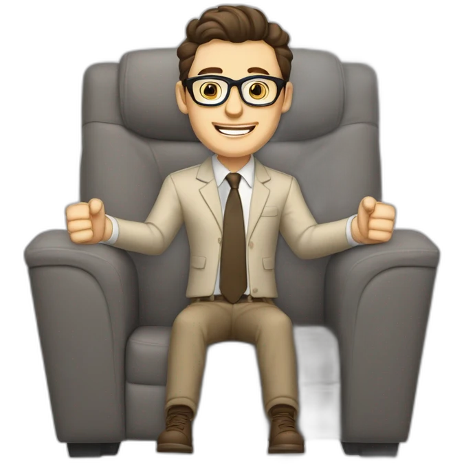 Joyful Celebrating victory Hands up Pale skinned Fit Man With dark brown hair in gray jacket, beige office shirt, Brown pants and vintage glasses sitting In a soft chair emoji