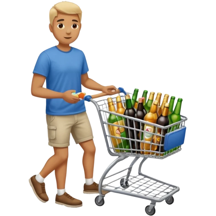 man with a shopping cart full of beers and wines full body emoji